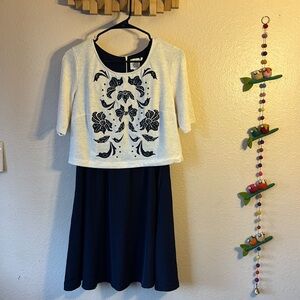 Anthropologie Lilka Elise Flora Navy Blue and Cream Mini Dress - Size Small.